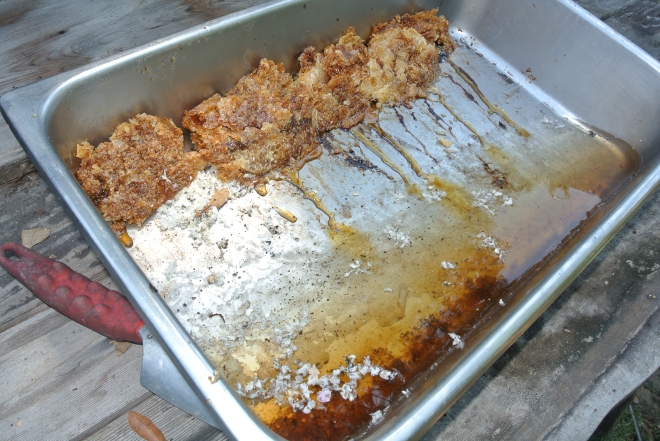 I mash the wax up on the top side of the SS pan. Still a bit of honey oozing out. Tomorrow the wax will be sitting on top of the water.